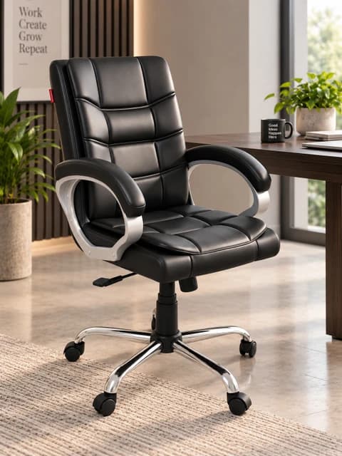 A black executive-style office chair featuring a padded, quilted backrest and seat, silver-colored armrests with black pads, and a five-star base with casters. — 3D model