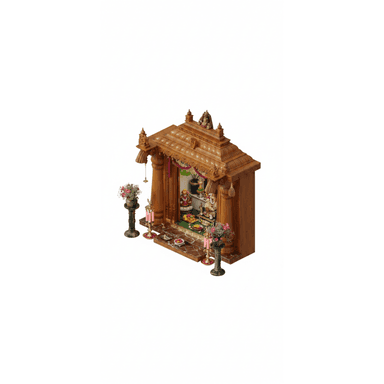 An intricately carved wooden structure designed as a home temple or puja mandir, featuring a tiered pyramidal roof, ornate columns, and a platform for deities and offerings. The structure is rendered in a medium brown wood tone, suggesting materials like teak or rosewood. Small bells hang from the roof corners, and the interior displays miniature idols, floral garlands, and various food offerings on a green base. — 3D model