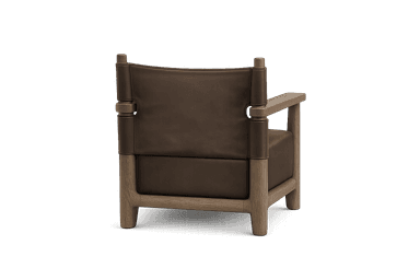 A modern armchair with a solid wood frame and leather upholstery. The frame is constructed from light-toned wood with visible grain. The seat and backrest are upholstered in a dark brown leather, with the backrest featuring a strapped design that wraps around the wooden uprights, secured by wooden cylindrical elements. The overall aesthetic blends natural materials with a contemporary design. — 3D model
