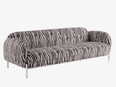 A contemporary loveseat featuring a bold zebra print upholstery. The piece has a low profile with clean lines and is supported by slender metal legs. The design combines a striking visual pattern with a minimalist frame, creating a statement piece for modern interiors. The fabric appears to be a woven textile, offering durability and texture. — 3D model