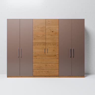 A large, multi-section wardrobe featuring a contemporary two-tone design. It combines hinged door compartments with central drawer units, all finished in a light wood grain laminate and solid grey-brown panels, equipped with modern metal bar handles. — 3D model
