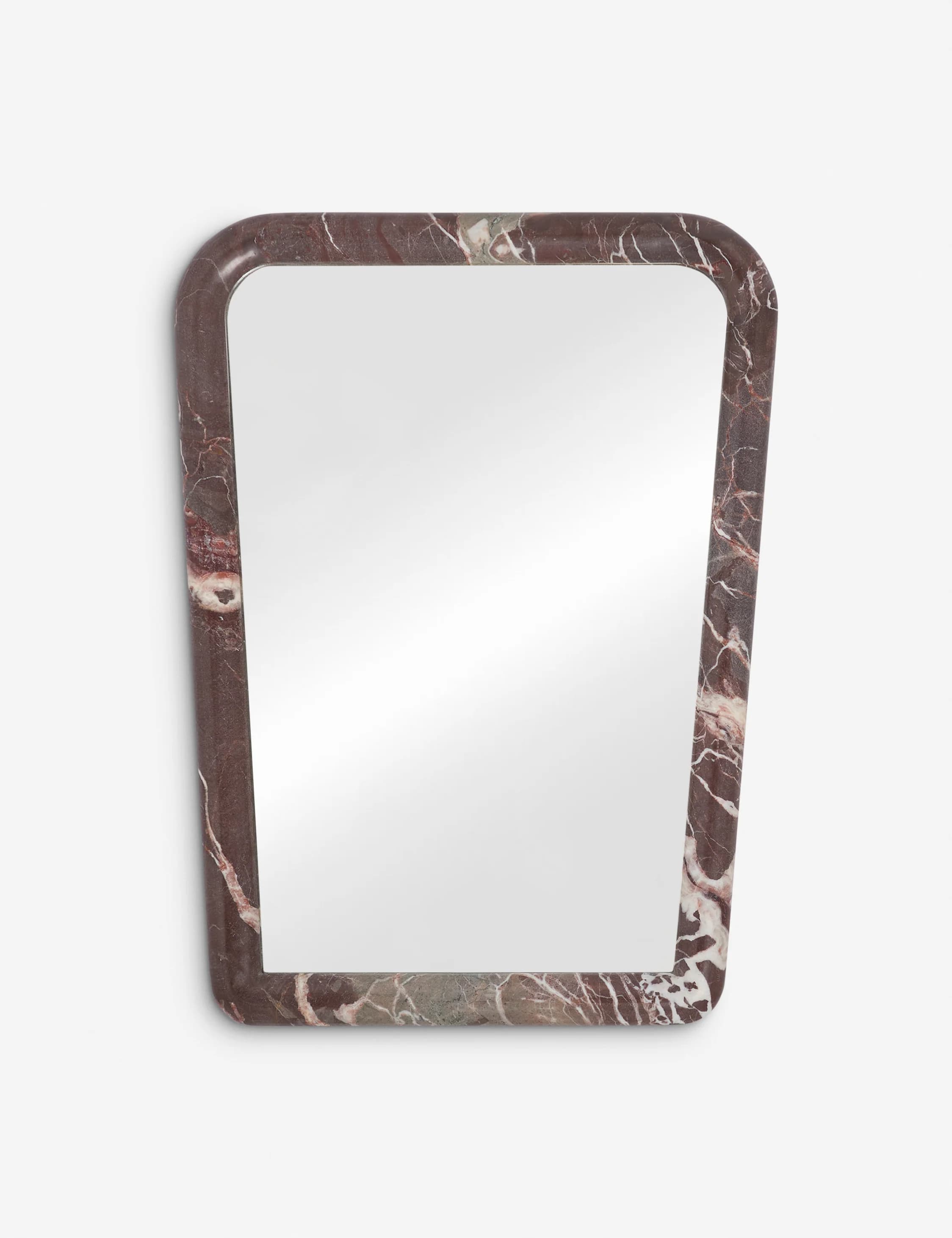 A wall-mounted mirror featuring a thick, sculptured frame crafted from reddish-brown marble with distinctive white, grey, and hints of green veining. The mirror has a unique, slightly trapezoidal shape, wider at the top and narrowing towards the bottom, with smoothly rounded corners. The polished marble finish enhances its luxurious appearance. — 3D model