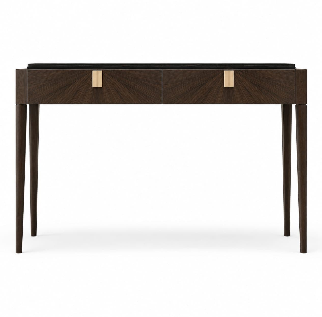 A sophisticated console table featuring two drawers, each adorned with a rectangular brass pull. The dark wood veneer exhibits a striking radial pattern emanating from the center of each drawer. The table is supported by four slender, tapered legs and has a dark, possibly stone or glass, top surface that slightly overhangs the main drawer unit. — 3D model