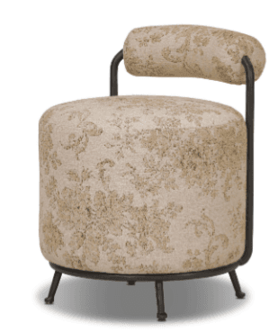 A compact, round upholstered accent chair featuring a beige fabric with a darker floral pattern. The seat and a low, curved backrest are padded and covered in the patterned fabric. It is supported by a slender, dark-colored tubular metal frame that forms the legs and surrounds the base, extending upwards to cradle the backrest. The overall design suggests a blend of classic upholstery with a modern, minimalist frame. — 3D model