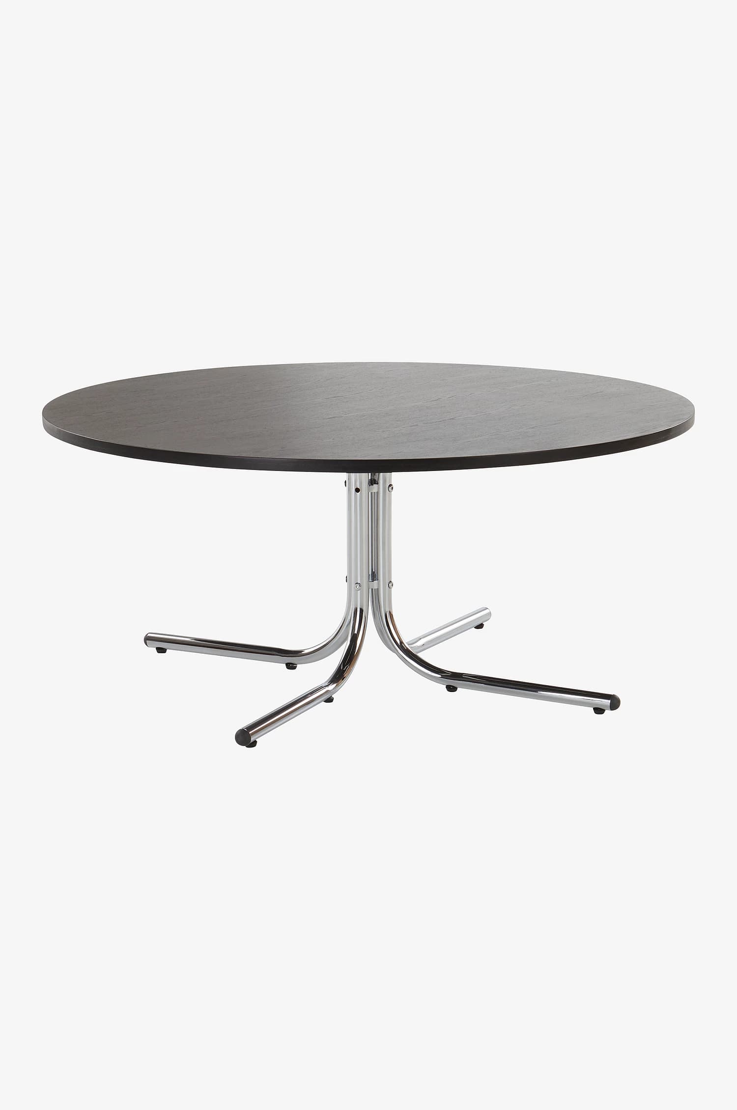 A round table featuring a dark, possibly black or dark wood laminate top, supported by a polished chrome pedestal base. The base consists of a central column that branches out into four splayed, tubular chrome legs, each ending with a black protective glide. The design is minimalist and functional, with clean lines. — 3D model