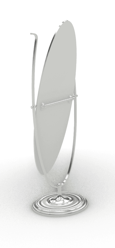 An oval-shaped mirror featuring a polished metal finish, mounted on a U-shaped stand that allows it to swivel. The stand is supported by a round, ornate base with concentric ring detailing. — 3D model