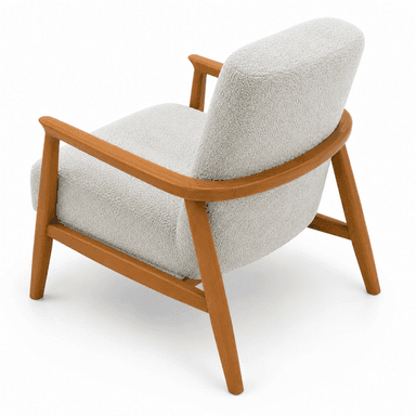 A modern upholstered armchair featuring a light-colored, textured boucle fabric and a visible wooden frame with tapered legs. — 3D model