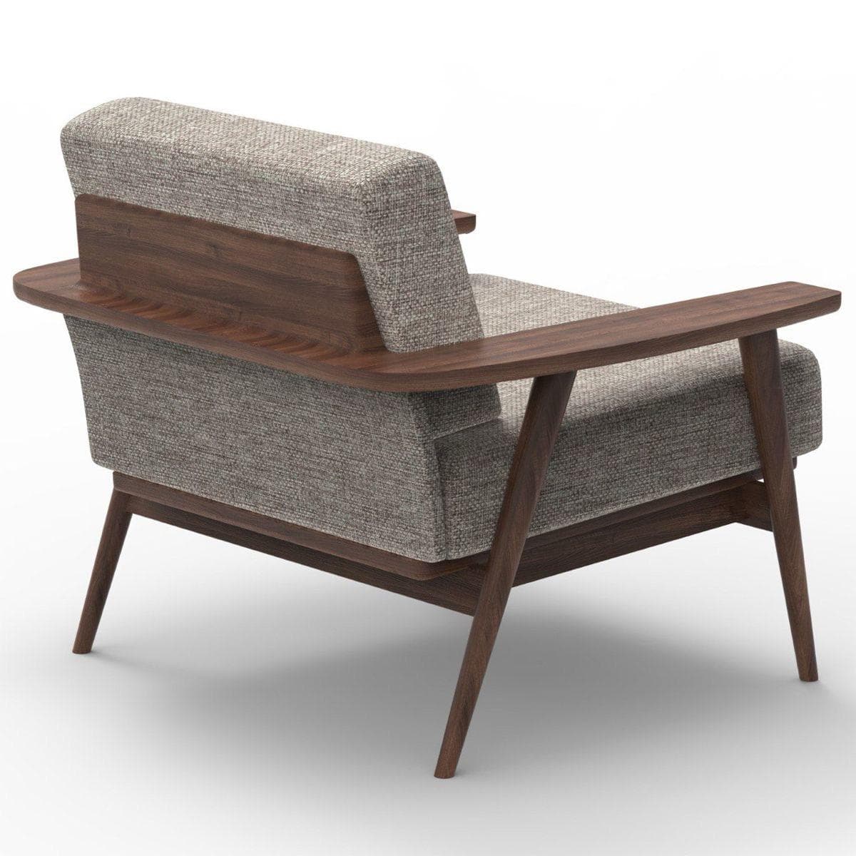 A stylish Mid-Century Modern lounge chair featuring a dark stained wooden frame and light grey textured fabric upholstery. The chair has an open, architectural design with exposed wood arms and splayed, tapered legs. The seat and back cushions are generously padded. — 3D model