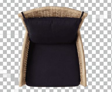 A wicker armchair with a high back and integrated arms. It features thick black cushions for the seat and back. The base and arms are constructed from woven wicker material, creating a patterned texture. The chair has a somewhat rustic or natural aesthetic. — 3D model