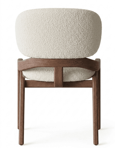 A modern armchair featuring a rounded, upholstered backrest and seat in a cream-colored textured fabric, supported by a dark wood frame. The frame has a minimalist design with curved arms and straight legs, showcasing the contrast between the soft textile and the solid wood. — 3D model