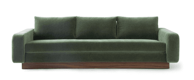 A modern three-seater sofa with green fabric upholstery and a prominent dark wood plinth base. It features clean lines, broad rounded armrests, and loose back cushions. — 3D model