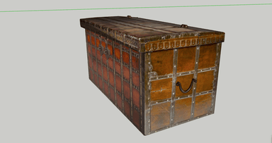 A robust, rectangular wooden storage chest, heavily adorned and reinforced with metal. The chest features a dark-stained wood body with numerous vertical and horizontal brass strips secured by visible rivets. The top edge includes intricate brass patterned inlay. Two prominent, ornate iron latches are positioned centrally on the front, providing a secure closure. The overall aesthetic is traditional and sturdy, indicative of antique craftsmanship. — 3D model