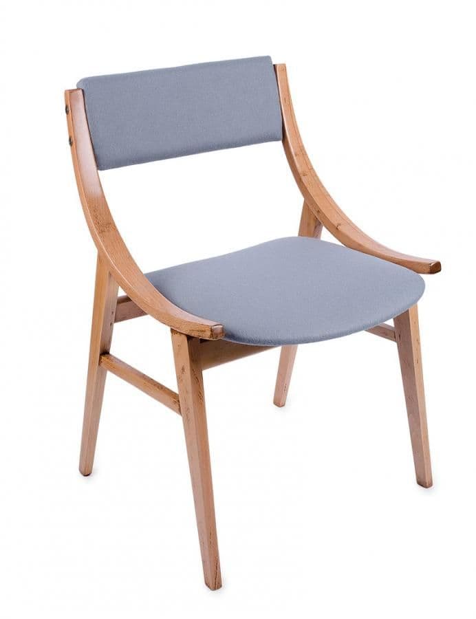 A wooden frame chair featuring a light grey upholstered seat and a matching backrest. The chair's frame is constructed from light-toned wood with gracefully curved elements that extend from the top of the backrest downwards, forming subtle, integrated arm-like supports. The four legs are straight with a slight taper, and the overall design presents a clean, contemporary aesthetic. — 3D model