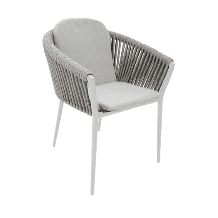 A contemporary armchair featuring a white metal frame, a grey rope-woven back and armrests, and light grey fabric seat and back cushions. — 3D model