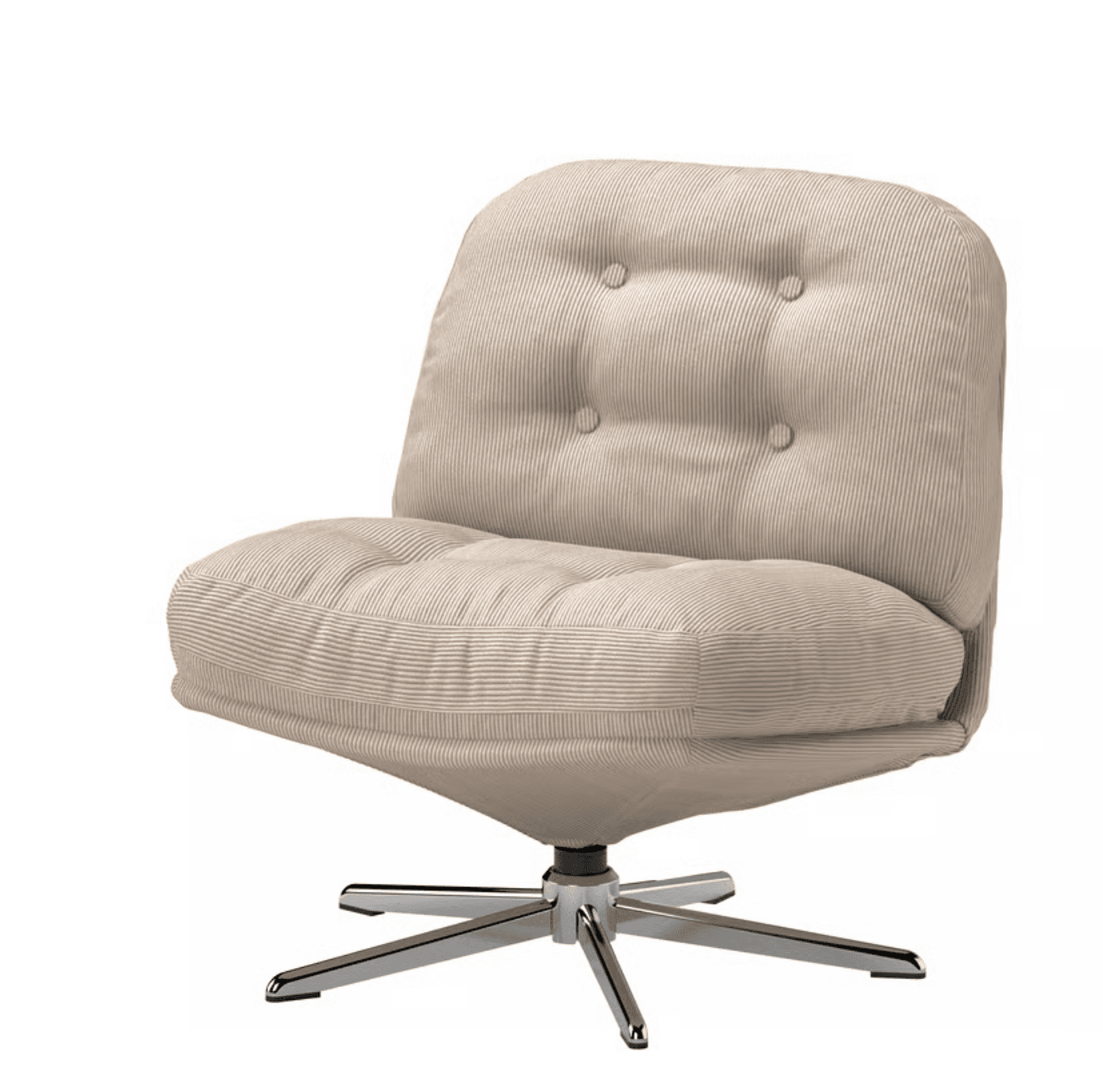 A modern armless lounge chair featuring a plush, button-tufted back and seat, upholstered in a beige corduroy fabric. It rests on a polished chrome four-star swivel base. — 3D model