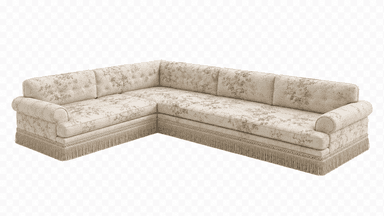 An L-shaped sectional sofa upholstered in a light-colored fabric with a multi-toned floral pattern. It features button-tufted back cushions, rolled armrests, and a decorative fringe skirt along the base. — 3D model