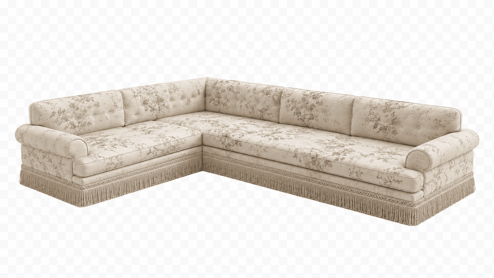 An L-shaped sectional sofa upholstered in a light-colored fabric with a multi-toned floral pattern. It features button-tufted back cushions, rolled armrests, and a decorative fringe skirt along the base. — 3D model