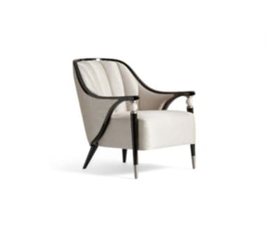 An elegant armchair featuring a cream-colored upholstered seat and back, framed by a dark, possibly lacquered, wood structure. The backrest is vertically channel tufted, and the armrests have decorative elements, possibly polished metal or carved accents. The chair stands on four tapered legs, each tipped with a silver-colored metal cap. — 3D model