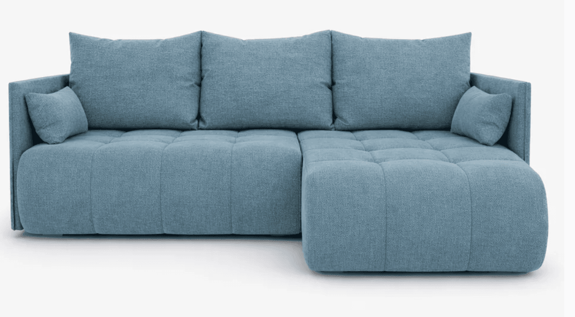 A contemporary blue upholstered sectional sofa featuring a chaise extension, button-tufted seat cushions, and loose back pillows. — 3D model