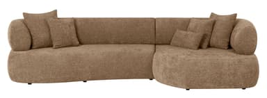 A modular sectional sofa with a rounded, contemporary design. It features plush seating and back cushions, with additional throw pillows for comfort. The sofa is upholstered in a textured fabric and sits on low-profile black legs. The configuration appears to be a corner unit. — 3D model