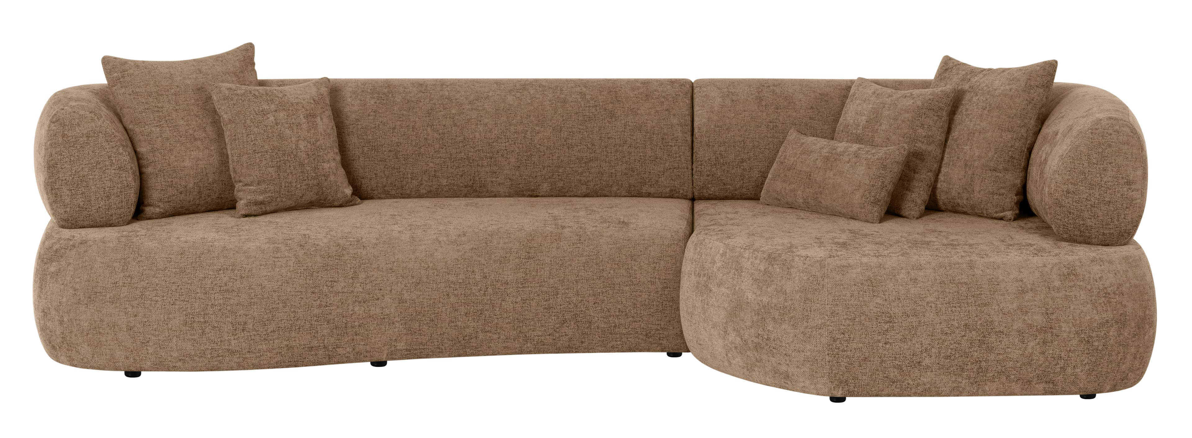 A modular sectional sofa with a rounded, contemporary design. It features plush seating and back cushions, with additional throw pillows for comfort. The sofa is upholstered in a textured fabric and sits on low-profile black legs. The configuration appears to be a corner unit. — 3D model