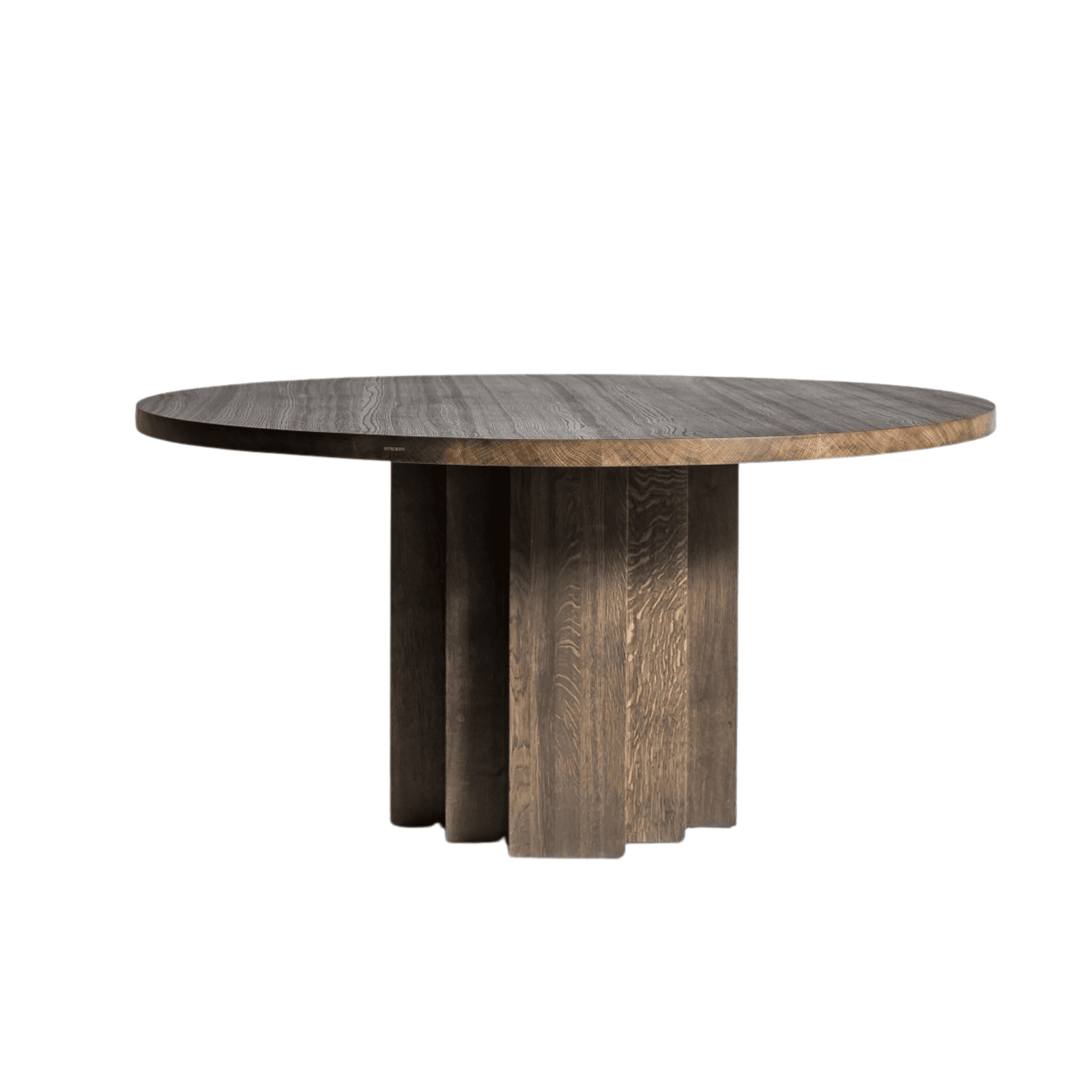 A round dining table with a substantial pedestal base. The tabletop is flat and circular, with a visible wood grain. The base is composed of vertical, fluted elements that create a sense of depth and texture, tapering slightly towards the bottom with an undulating edge. — 3D model