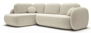 An L-shaped sectional sofa featuring a modern, plush design with rounded edges and soft, voluminous forms. It is upholstered in a light-colored, textured bouclé fabric and includes separate back cushions and two cylindrical accent pillows. — 3D model