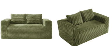 A contemporary loveseat fully upholstered in ribbed olive green corduroy fabric, featuring a blocky silhouette and two loose back cushions. — 3D model