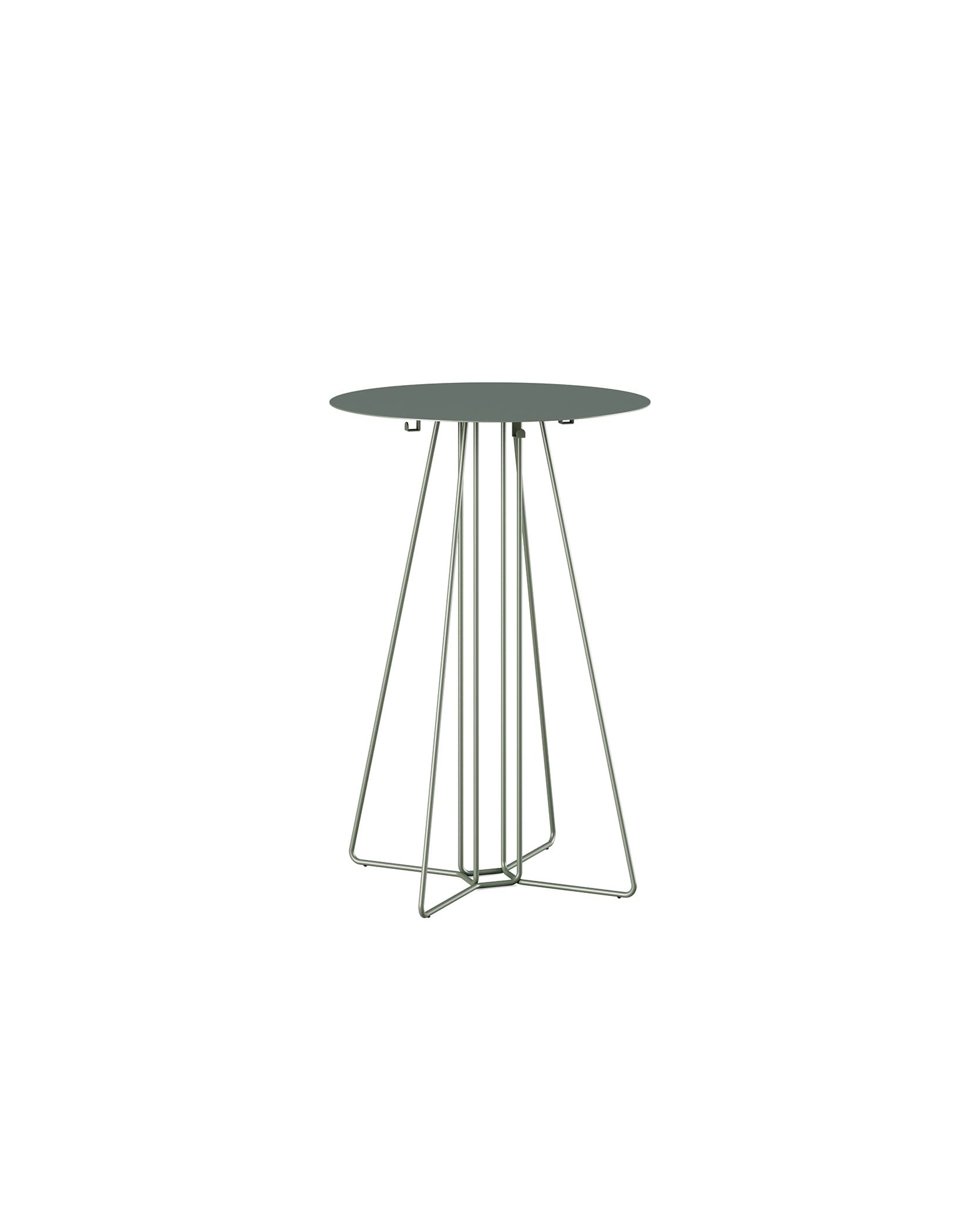 A round-topped side table with a slender, wire-frame base. The base consists of multiple thin rods that converge towards the center and spread outwards to a wider, cross-shaped foot. The tabletop is circular and appears to be made of a solid material. — 3D model