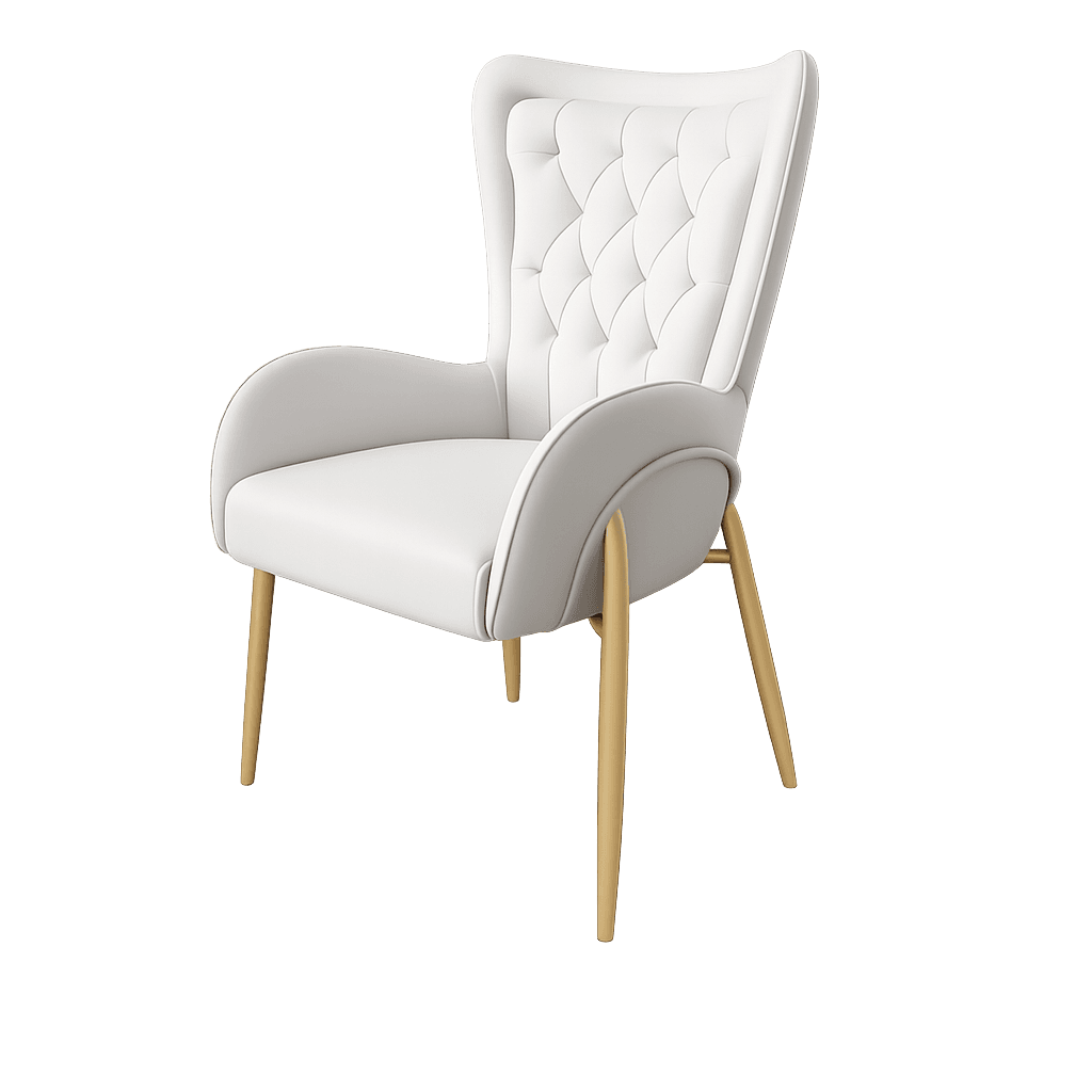 A contemporary upholstered armchair featuring a high, slightly curved backrest with diamond-patterned tufting, integrated armrests, and four slender, splayed golden-finished metal legs. The upholstery is a light, possibly white or off-white, material. — 3D model