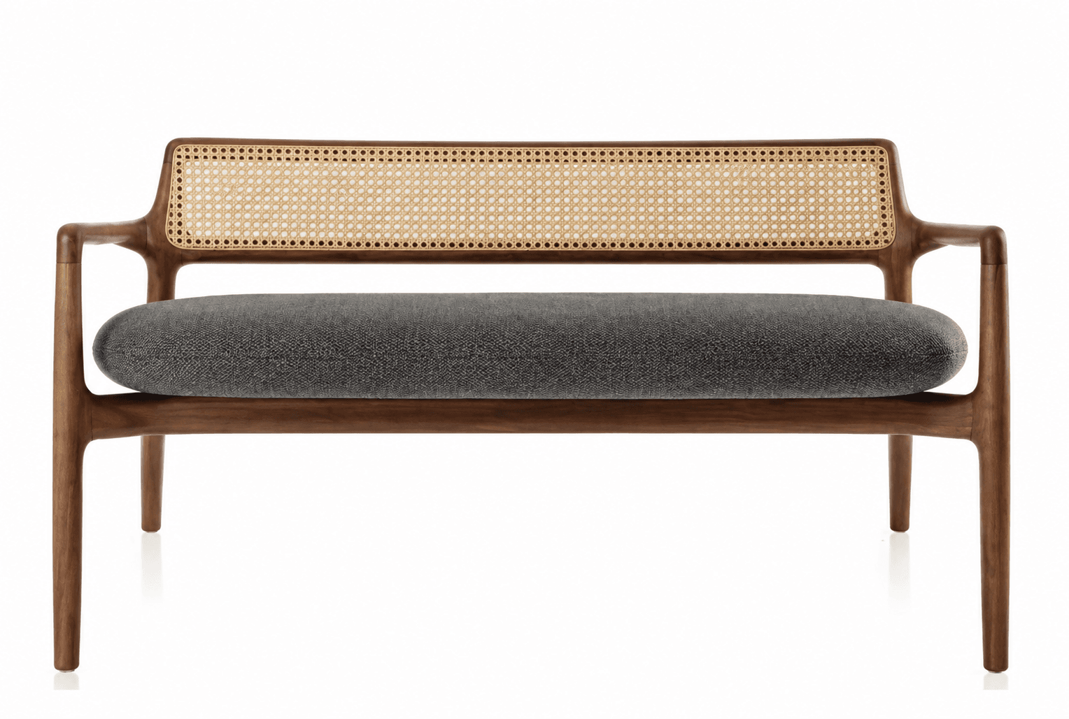 A modern loveseat featuring a dark wood frame, a woven cane backrest, and a charcoal grey upholstered seat cushion. The design is minimalist with clean lines and integrated armrests. — 3D model