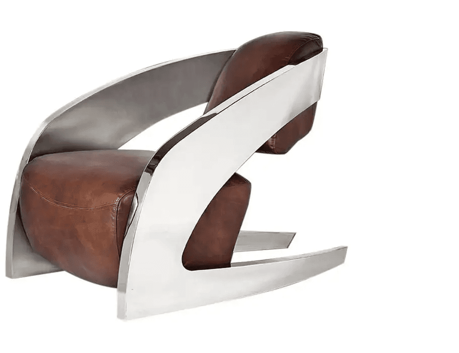 A modern armchair featuring a distinctive sculptural design. The frame is constructed from polished metal, forming curved elements that envelop the seating area. The seat and backrest are upholstered in rich brown leather, providing a visual contrast to the metallic frame. — 3D model