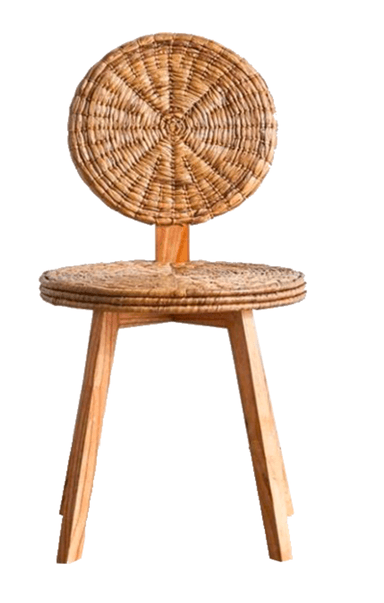 A small, lightweight chair featuring a round, woven rattan seat and a matching circular backrest, supported by three splayed, light-toned wooden legs. — 3D model