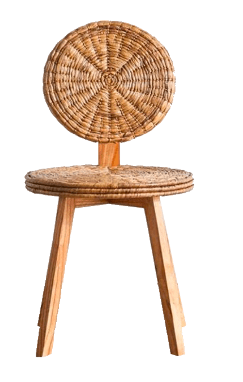 A small, lightweight chair featuring a round, woven rattan seat and a matching circular backrest, supported by three splayed, light-toned wooden legs. — 3D model