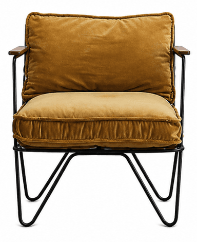 A contemporary armchair with a thin, black metal frame and arms topped with polished wood. The chair features plush cushions for the seat and back, upholstered in a textured, golden-brown fabric. The backrest is supported by a series of thin, vertical metal rods. — 3D model