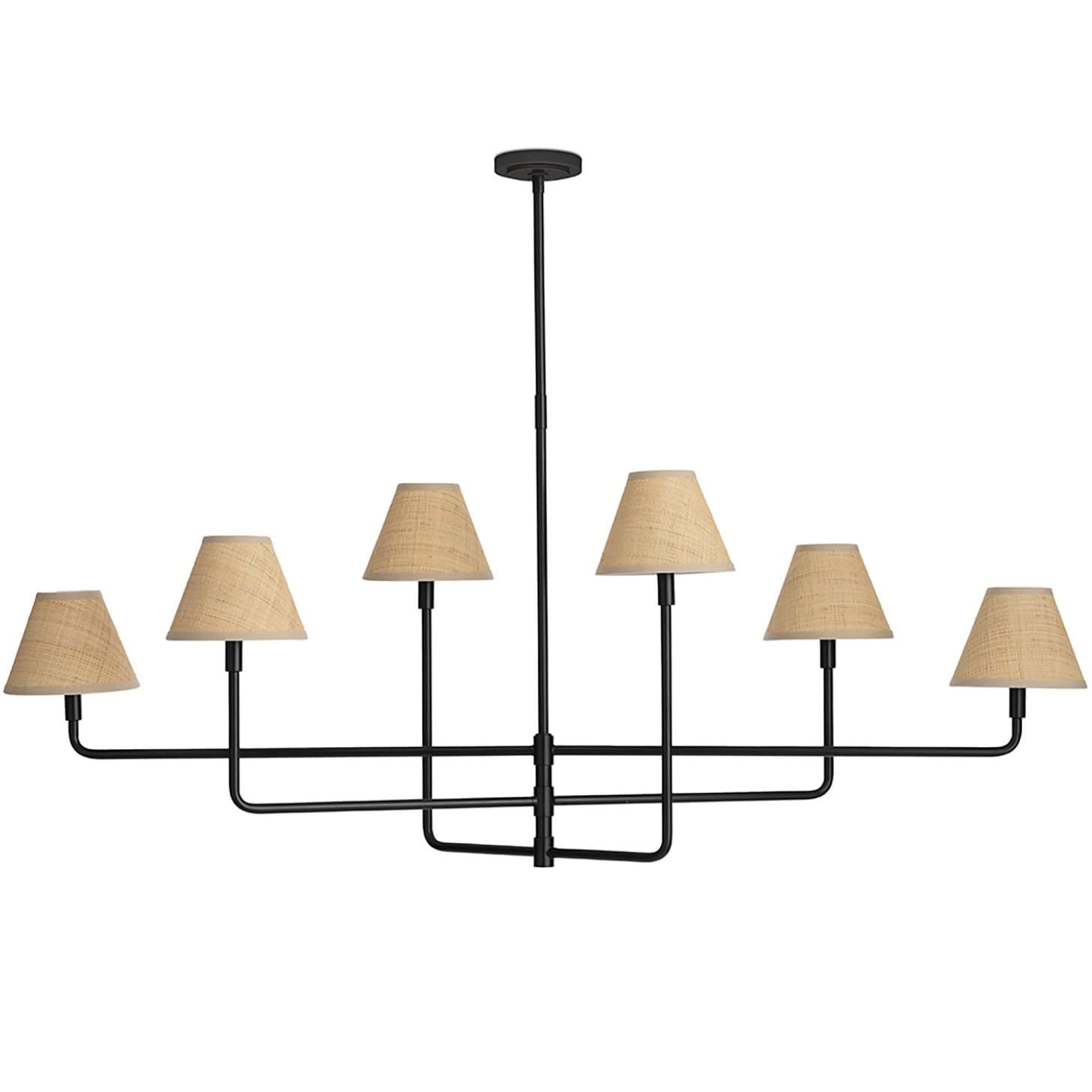 A black metal chandelier with seven shades. The central stem is suspended from a ceiling canopy, and branches out horizontally with seven arms, each holding a lamp socket topped with a conical lampshade. The lampshades appear to be made of a woven natural fiber material. — 3D model