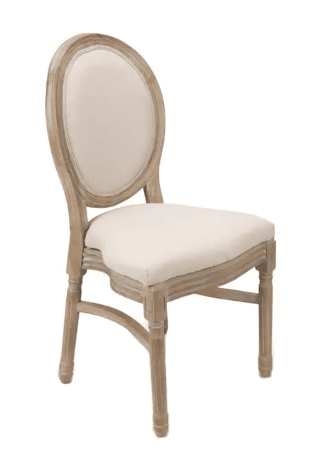 A light-colored, oval-backed dining chair with a wooden frame and upholstered seat and back. The wood has a distressed, weathered finish. The legs are turned and fluted, and there are curved stretcher bars connecting the legs. — 3D model