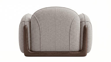 An upholstered armchair featuring a light grey woven fabric and a distinctive dark wood base and arm accents. The chair has a compact, rounded silhouette with a plush backrest and seat. The wooden elements, visible at the base and curving upwards along the sides of the armrests, provide a contrasting texture and form to the soft upholstery. The overall design is contemporary with an emphasis on smooth lines and comfort. — 3D model