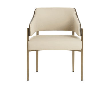 A contemporary dining armchair featuring a two-tone upholstered design and a metal frame. The seat and backrest are upholstered in a light cream or off-white material, while the exterior of the armrests features a contrasting dark brown or grey channel-tufted upholstery. The chair rests on slender, tapered metal legs with a matte gold or bronze finish. — 3D model