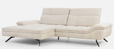 A contemporary sectional sofa with a chaise lounge extension. The sofa features plush, upholstered cushions with a textured fabric. The back cushions have horizontal stitching, and the seat cushions have a tufted grid pattern. It is supported by slender, angled black metal legs. — 3D model
