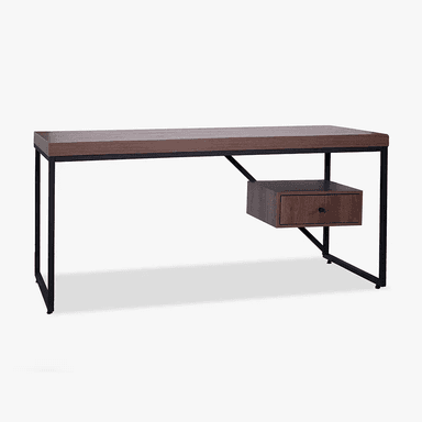 A rectangular desk featuring a brown wood-look top supported by a minimalist black metal frame, with a single matching drawer suspended beneath the tabletop. — 3D model