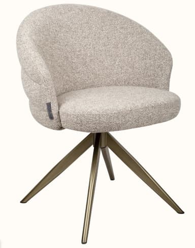 A modern upholstered armchair with a curved backrest and a swivel base. The seat and back are padded and covered in a textured, light-colored fabric. The base consists of four splayed metal legs with a brushed brass finish, converging at a central point. — 3D model