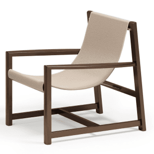 A modern lounge chair featuring a dark brown wooden frame with a light beige fabric sling for the seat and backrest. The frame is constructed from rectangular timber sections, forming a simple, rectilinear design with integrated armrests. The fabric is tautly stretched between the frame members, creating a comfortable, low-profile seating surface. The overall aesthetic is minimalist and contemporary. — 3D model