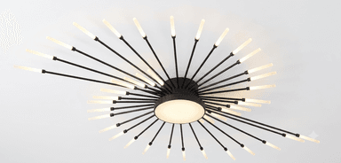 A modern Sputnik-style LED ceiling light featuring a central disc from which numerous slender, black-finished metal arms radiate outwards. Each arm terminates in a frosted acrylic or glass diffuser, housing an integrated LED light source. The arms are arranged in an energetic, somewhat asymmetrical pattern, creating a dynamic visual effect. The central disc also contains a light element, contributing to the overall illumination. The fixture is designed for flush or semi-flush ceiling mounting. — 3D model