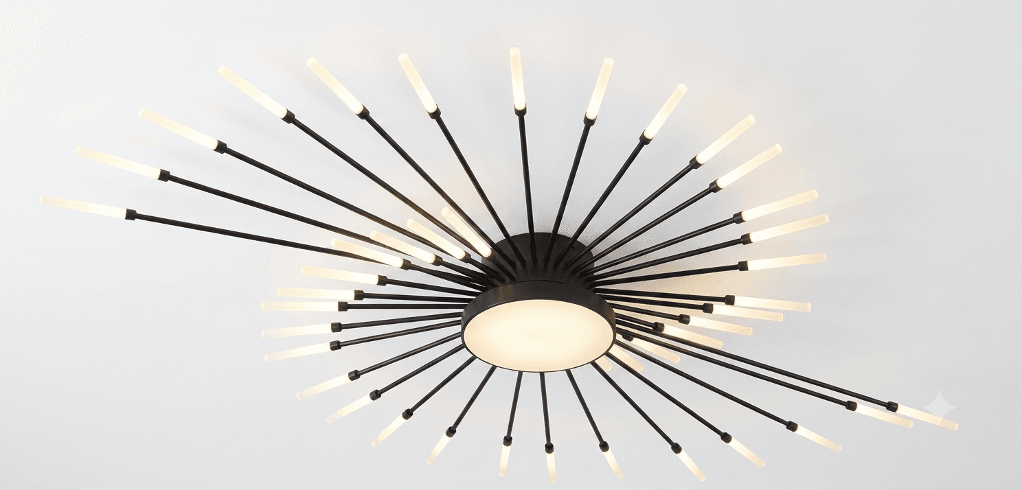 A modern Sputnik-style LED ceiling light featuring a central disc from which numerous slender, black-finished metal arms radiate outwards. Each arm terminates in a frosted acrylic or glass diffuser, housing an integrated LED light source. The arms are arranged in an energetic, somewhat asymmetrical pattern, creating a dynamic visual effect. The central disc also contains a light element, contributing to the overall illumination. The fixture is designed for flush or semi-flush ceiling mounting. — 3D model