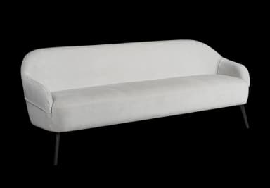 A two-seater sofa with a gently curved back and integrated armrests. The sofa is upholstered in a light-colored fabric and supported by four slender, dark-colored legs. — 3D model