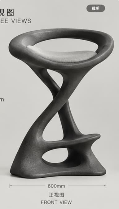 A tall, sculptural bar stool featuring an organic, twisted dark gray base with an integrated footrest and a subtly padded light gray upholstered seat. — 3D model
