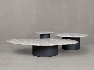 An oval-shaped coffee table featuring a white and grey veined marble top supported by a dark grey, cylindrical pedestal base. The design is contemporary and minimalist, emphasizing clean lines and contrasting materials. — 3D model
