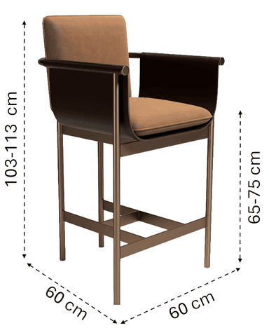 A contemporary bar stool featuring a bronze-toned metal frame, a dark brown curved back and armrest element, and a tan upholstered fabric seat cushion. The design is minimalist and modern, with an integrated footrest. — 3D model