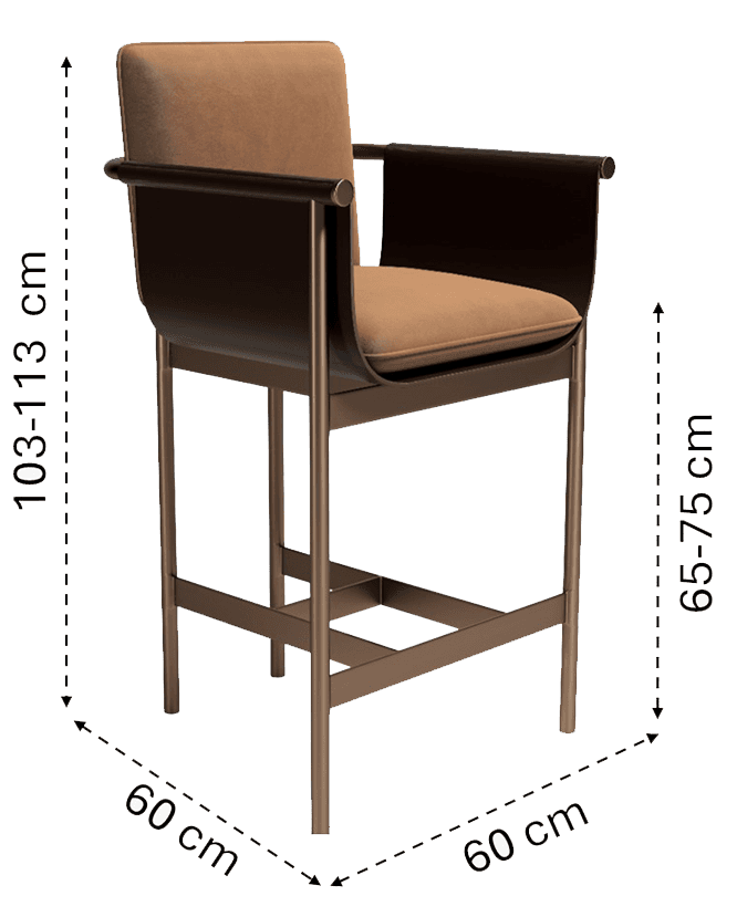 A contemporary bar stool featuring a bronze-toned metal frame, a dark brown curved back and armrest element, and a tan upholstered fabric seat cushion. The design is minimalist and modern, with an integrated footrest. — 3D model